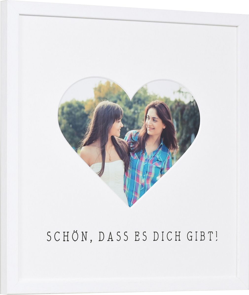 seitliche Ansicht eines Bilderrahmens mit Herzausschnitt zum Verschenken in der Farbe Weiss